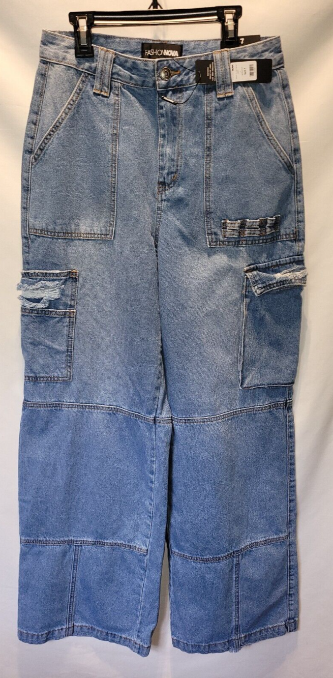 Fashion Nova Womens Size 7 Wide Leg Distressed Utility Cargo Jeans Lt Blue NWT